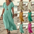 thumbnail image 1 of HVOBTTY Robe d'Été Décontractée pour Femme, Couleur Unie, Manches Courtes, Col en V, Lin, Respirante, Ample, Midi, Confortable, Quotidienne, Ligne A, Vert Armée, TG, 1 of 5