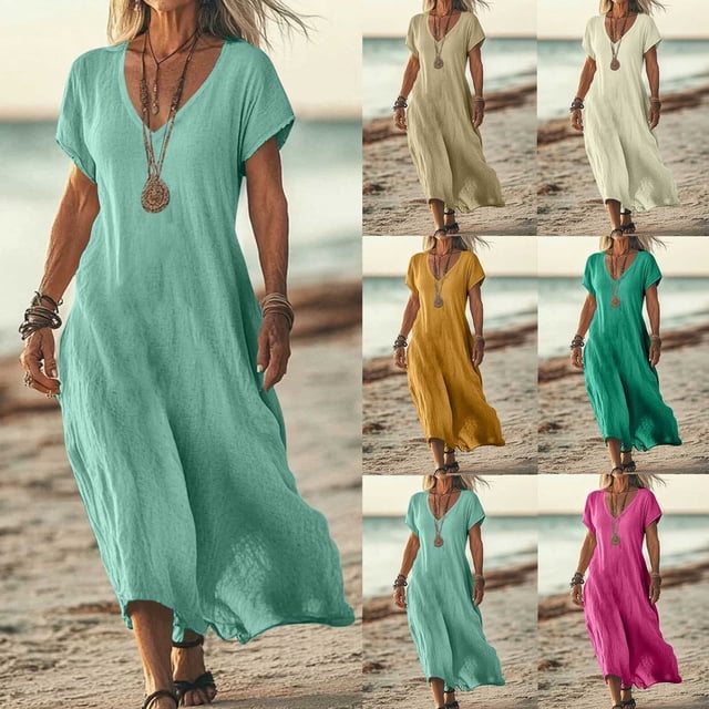 HVOBTTY Robe d'Été Décontractée pour Femme, Couleur Unie, Manches Courtes, Col en V, Lin, Respirante, Ample, Midi, Confortable, Quotidienne, Ligne A, Vert Armée, TG