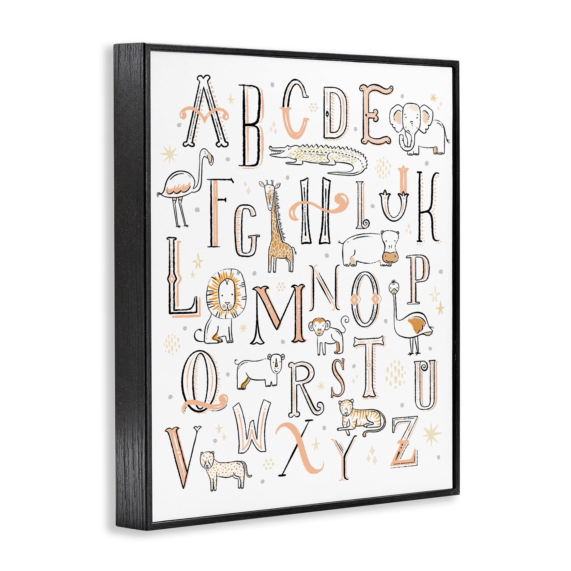 Stupell Industries Nursery Animal Alphabet Chart Soft Orange White Animals & Insects Painting Black Framed Art Print Wall Art, 11 x 14