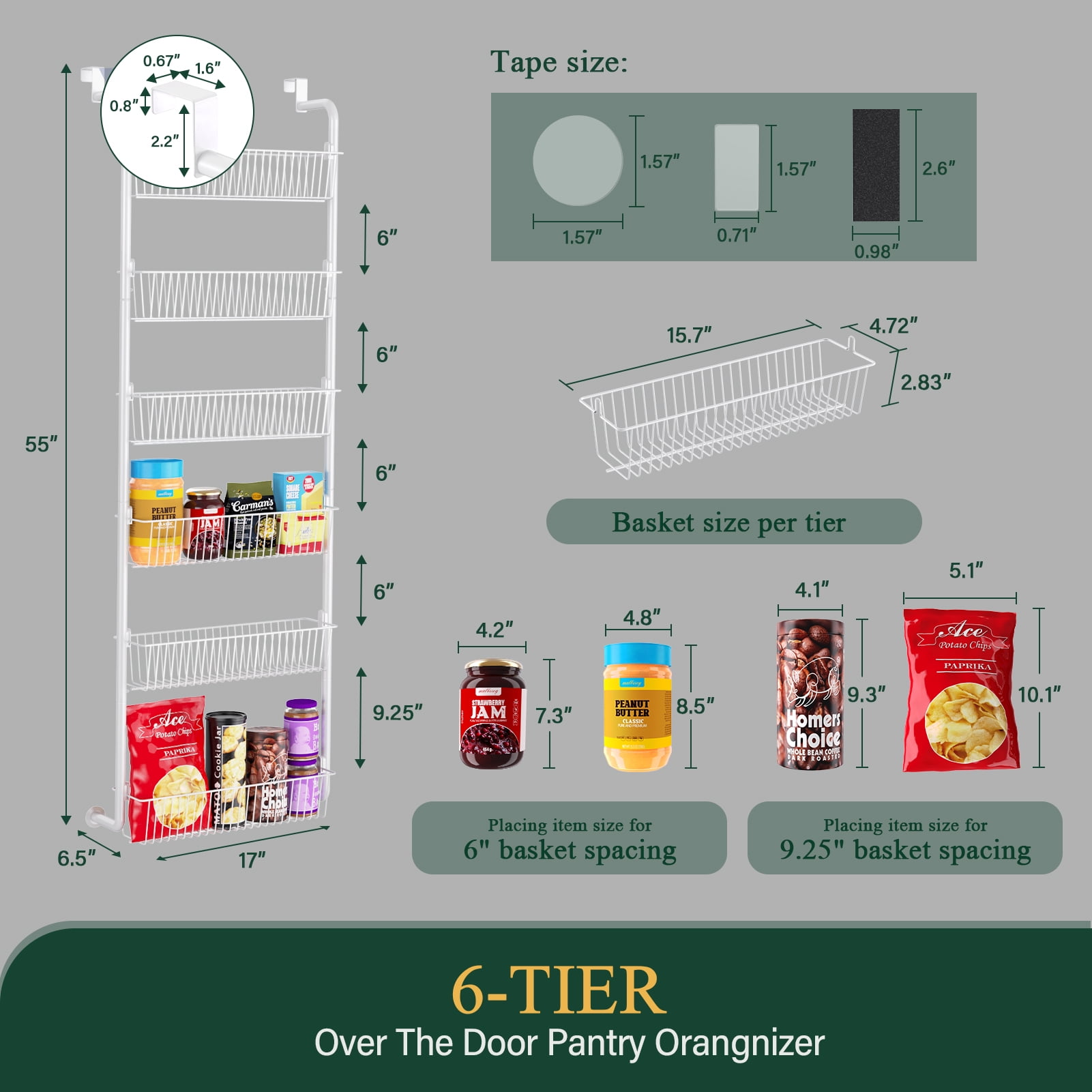 Yeabett 6-Tier Over the Door Pantry Organizer, Larger Baskets Metal Pantry Organization and Storage, Door Back Hanging Space Saver for Kitchen, Laundry, Bathroom, White