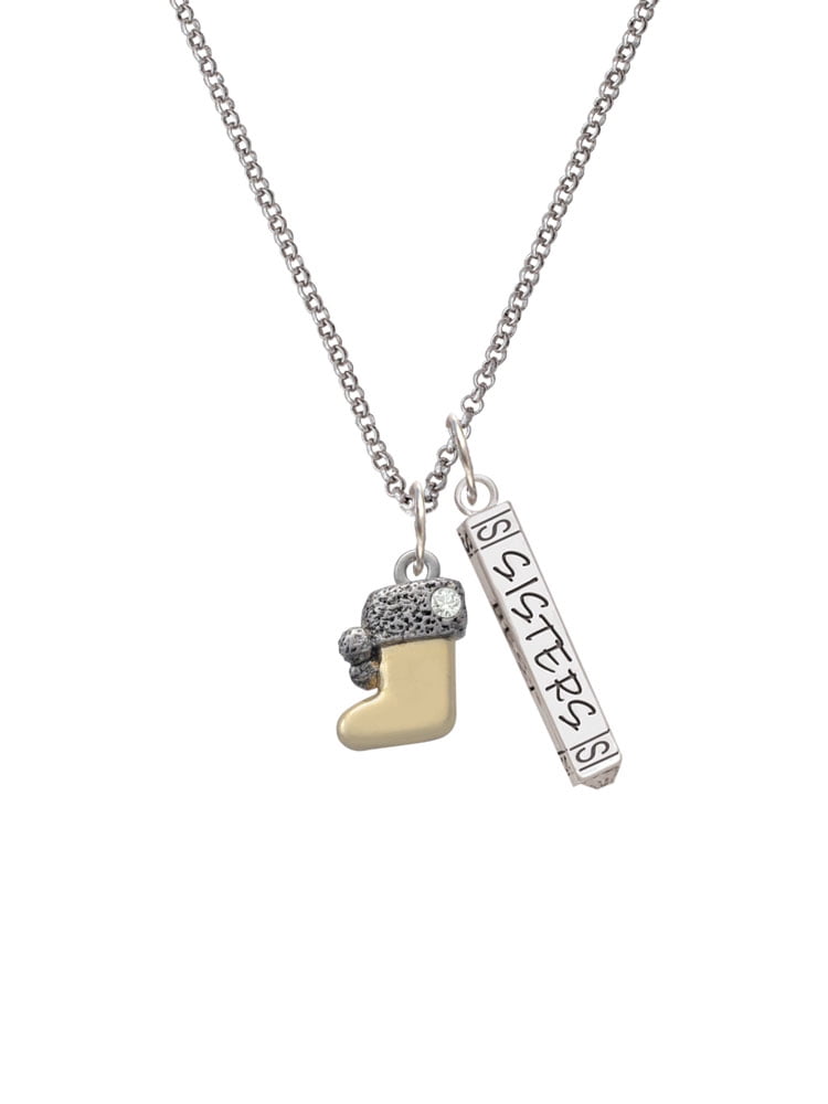 Delight Jewelry Two-tone 3-D Stocking with Clear Crystal Silvertone Sisters Best Friends Forever Bar Charm Necklace, 23"