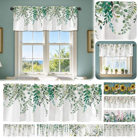 CoreLiving Kitchen Valances for Windows Modern Topper Curtain Eucalyptus Leaves Short Half Window Curtains Spring Decor Green Vines 1 Pack 54x18 Inch