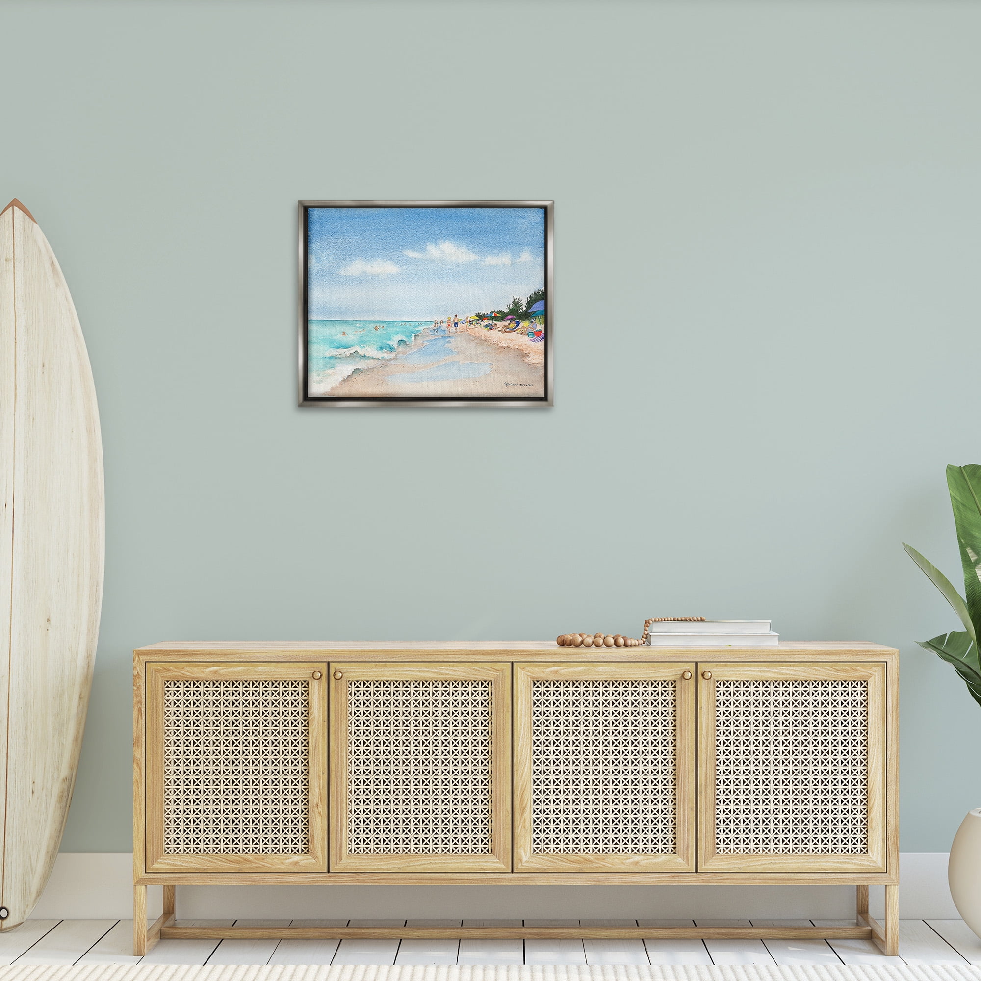 Stupell Industries Traditional Beachgoers View Landscape Painting Gray Floater Framed Canvas Art Print Wall Art, 31 x 25