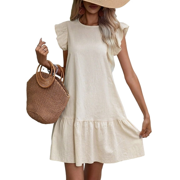 Women'S Ruffle Sleeve Mini Dress Summer Casual Crewneck Flowy A Line Short Babydoll Dress with Tiered White XS