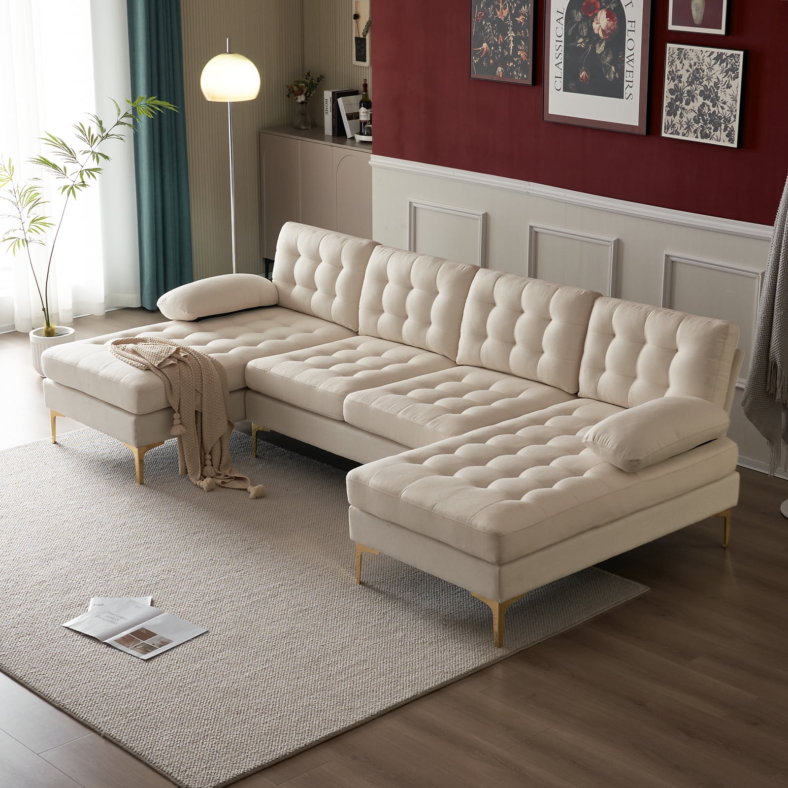 vier keer nachtmerrie katoen Ktaxon Modern U-Shape Sectional Sofa, Tufted Linen Fabric Sectional Couch,  Double Wide Chaise Lounge Couch with Metal Feet for Apartment Living Room  Beige - Walmart.com