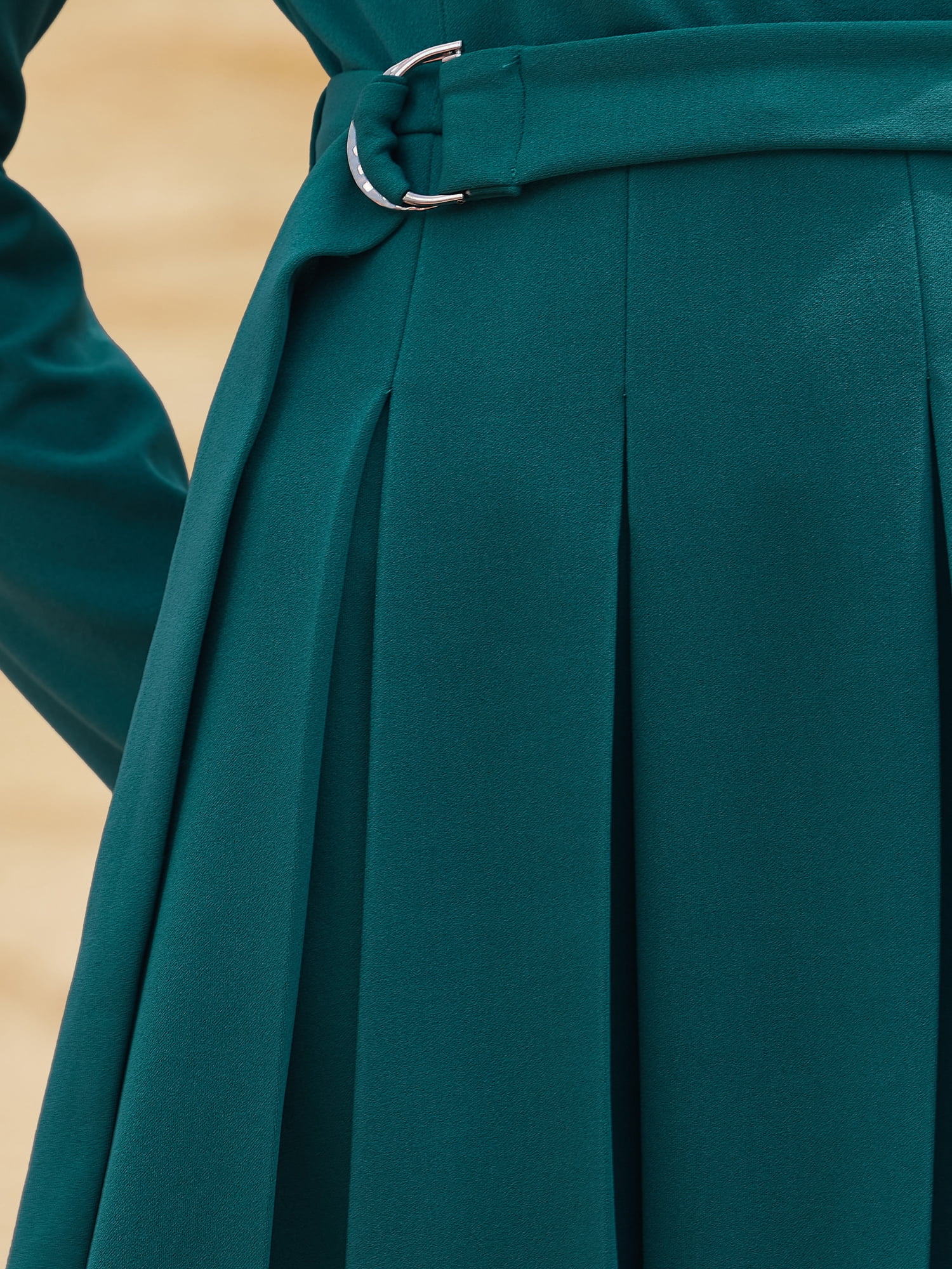 DARING DIVA Long Sleeve Pleated Crew Neck Belted A-Line Dress XL Blue Green