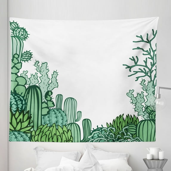 Cactus Tapestry, Arizona Desert Themed Doodle Cactus Staghorn Buckhorn Ocotillo Plants, Fabric Wall Hanging Decor for Bedroom Living Room Dorm, 5 Sizes, Green Pale Green Seafoam, by Ambesonne