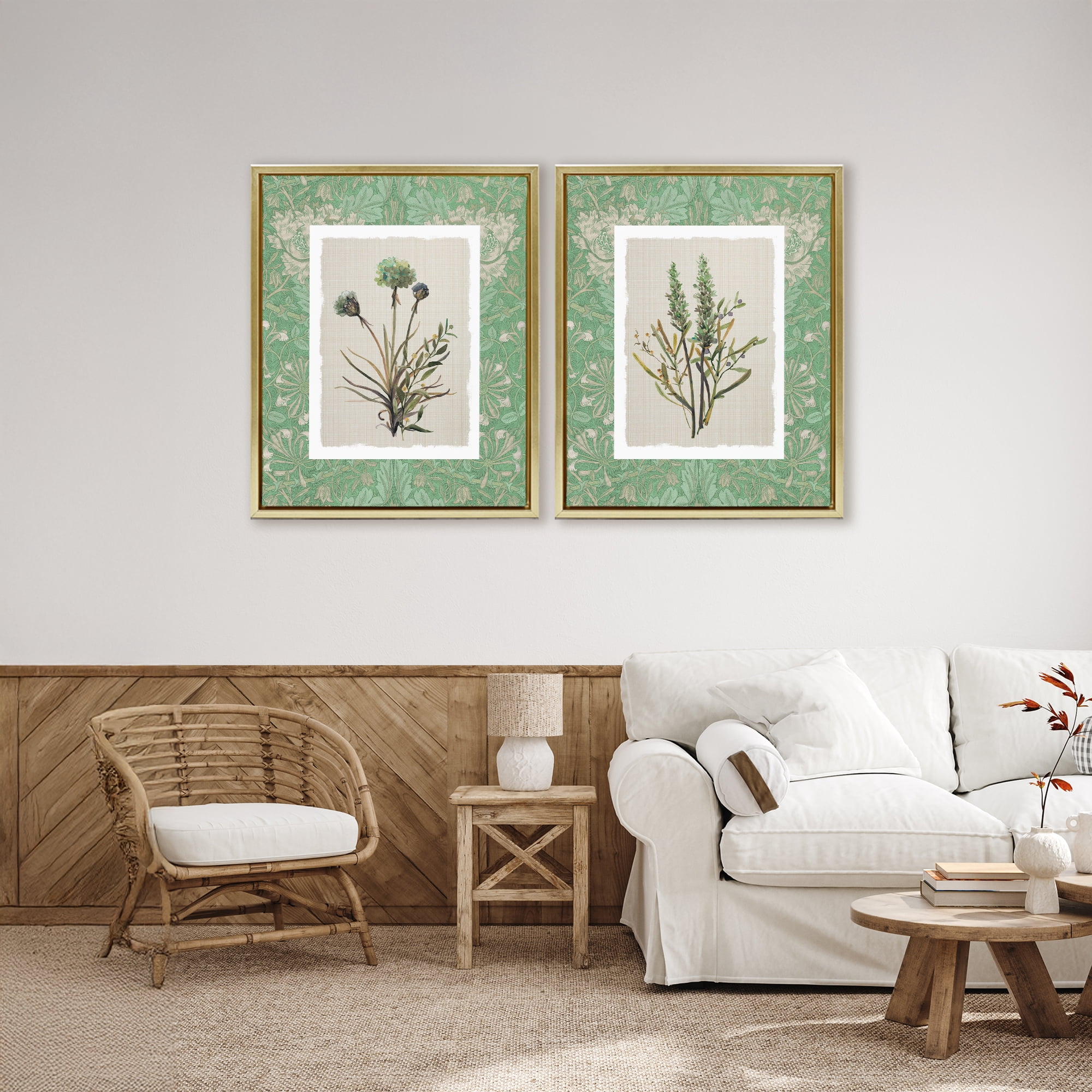 Stupell Industries Green Tone Herbal Blooms 2 Piece Gold Framed Floater Canvas Set, design by Carol Robinson