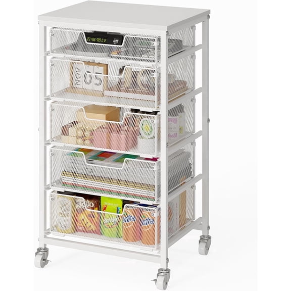 X-COSRACK 5-Drawer Rolling Storage Cart with Wooden Tabletop, Metal Mesh Utility Craft Organizer with Lockable Wheels for Office, Classroom, Bedroom & Salon, White