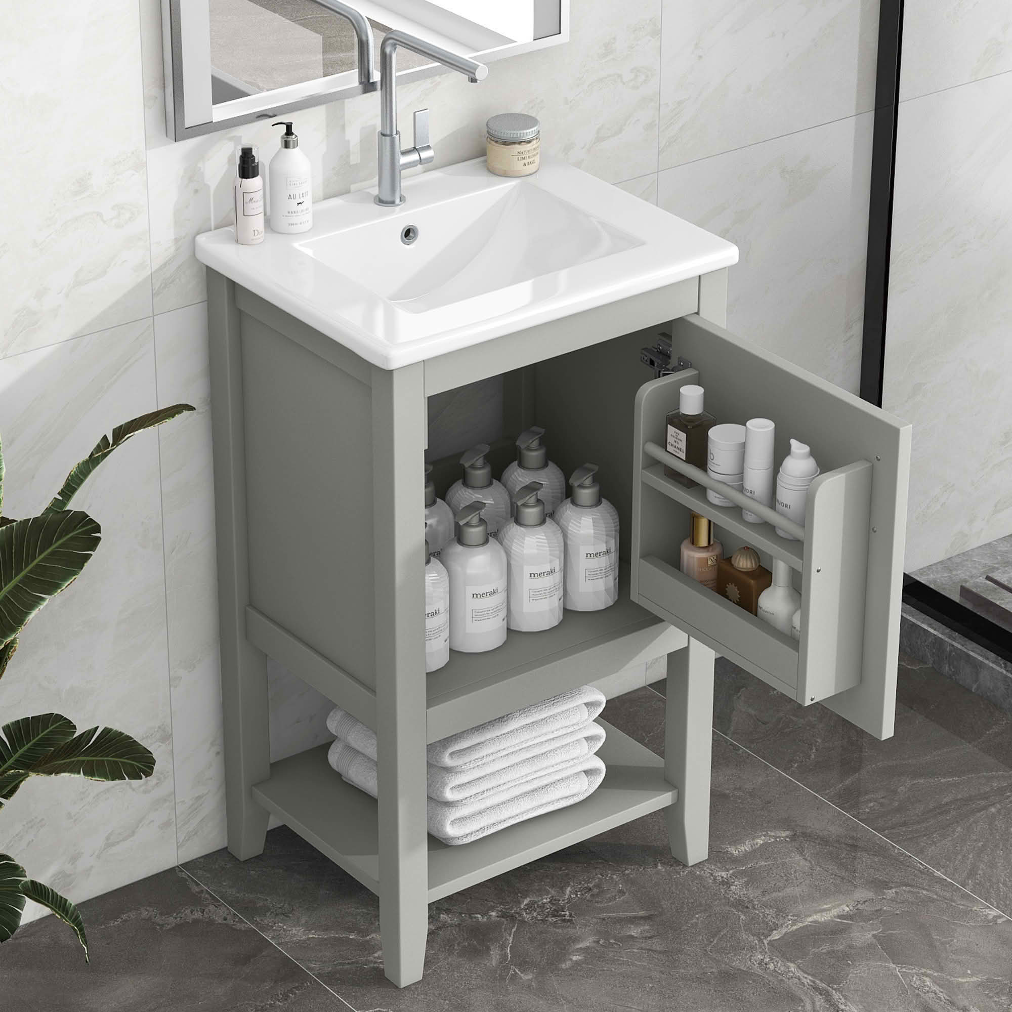 MAYEERTY 20" Bathroom Vanity with Sink Soft Closing Door Storage Rack Open Shelf Gray