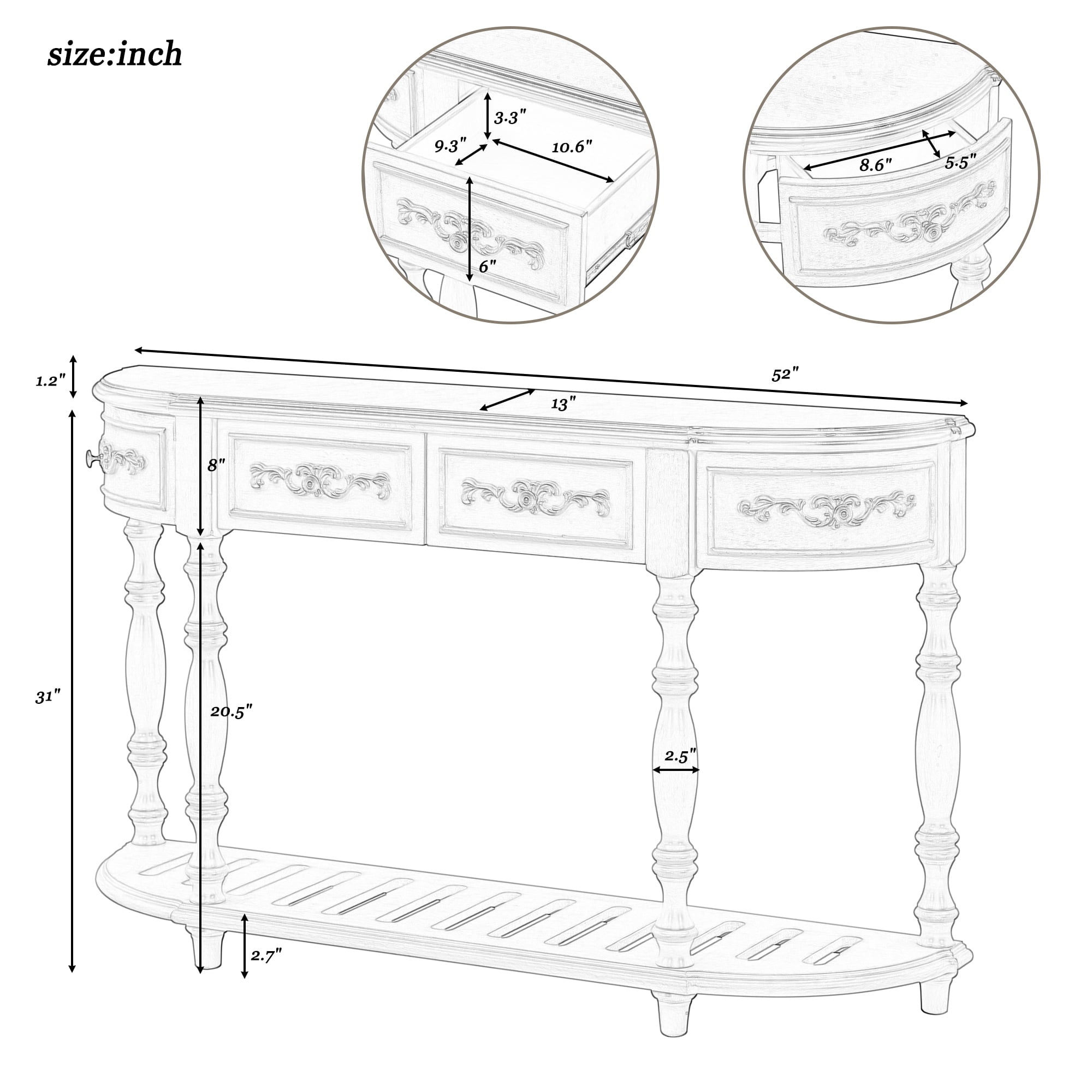 EUROCO 52" Longer Curved Console Table, Half Moon Sofa Table Entry Table with 4 Drawers,1 Open Shelf and Solid Wooden Frame for Living Room,Entryway,Hallway,Black