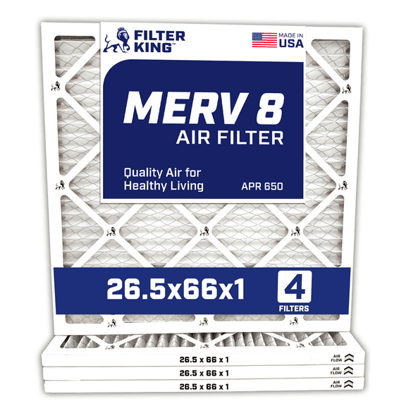 Filter King 26.5x66x1 Air Filter | 4-PACK | MERV 8 HVAC Pleated A/C Furnace Filters | MADE IN USA | Actual Size: 26.5 x 66 x .75"