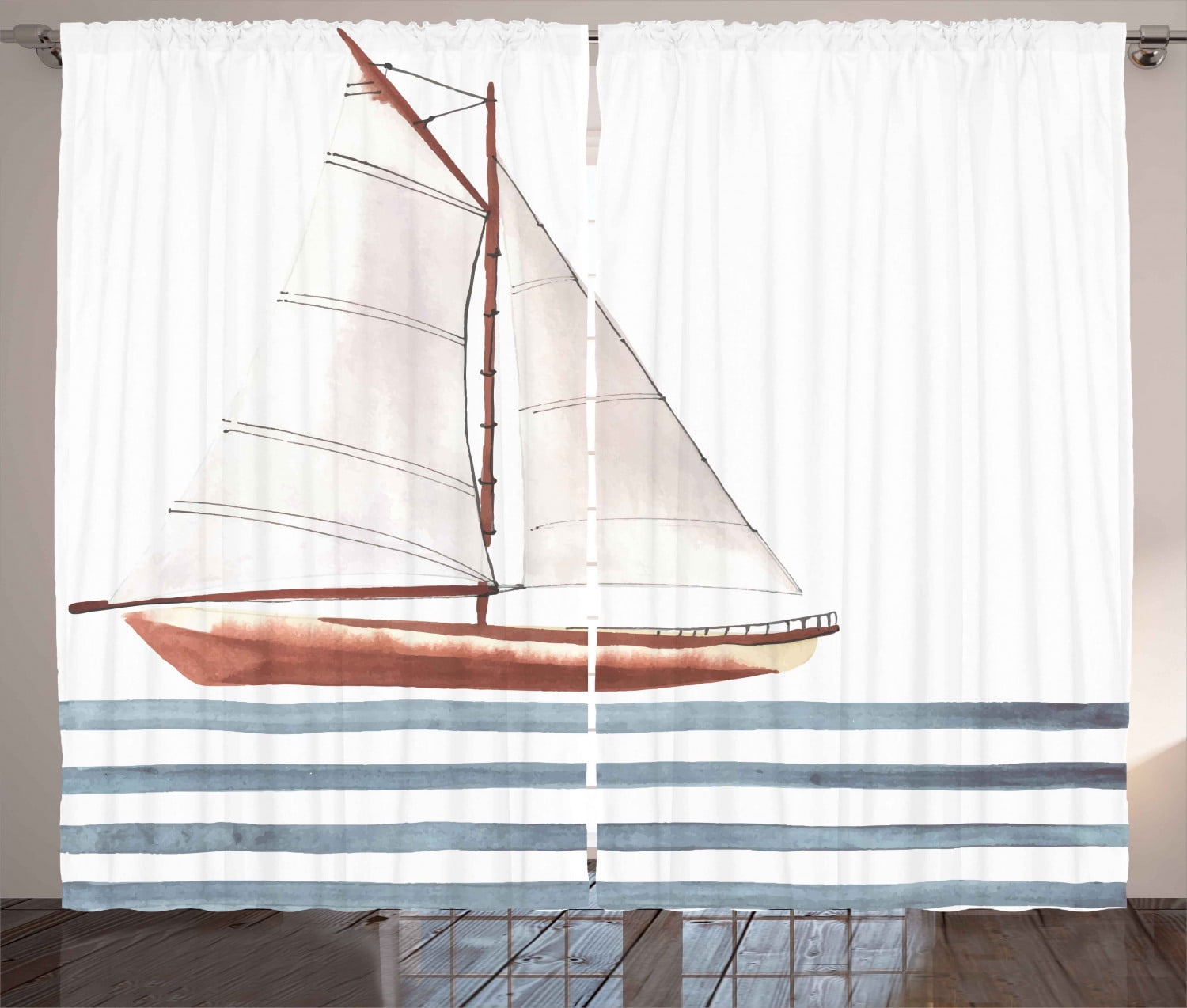 Nautical Curtains 2 Panels Set, Let Your Dreams Sail Quote with Boat in