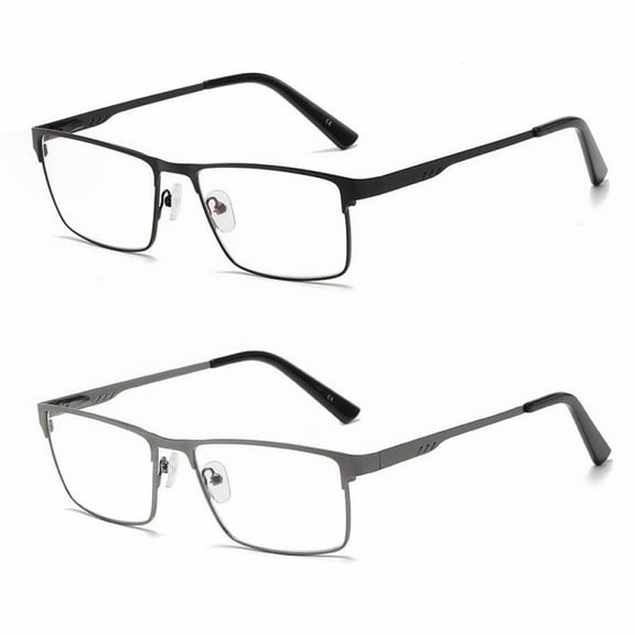 2 Pairs of Men Rectangle Spring Hinges Reading Glasses 1.25 Metal Business Blue Light Blocking Readers  1.25 Strength (1 Pc Black and 1 Pc Gunmetal)