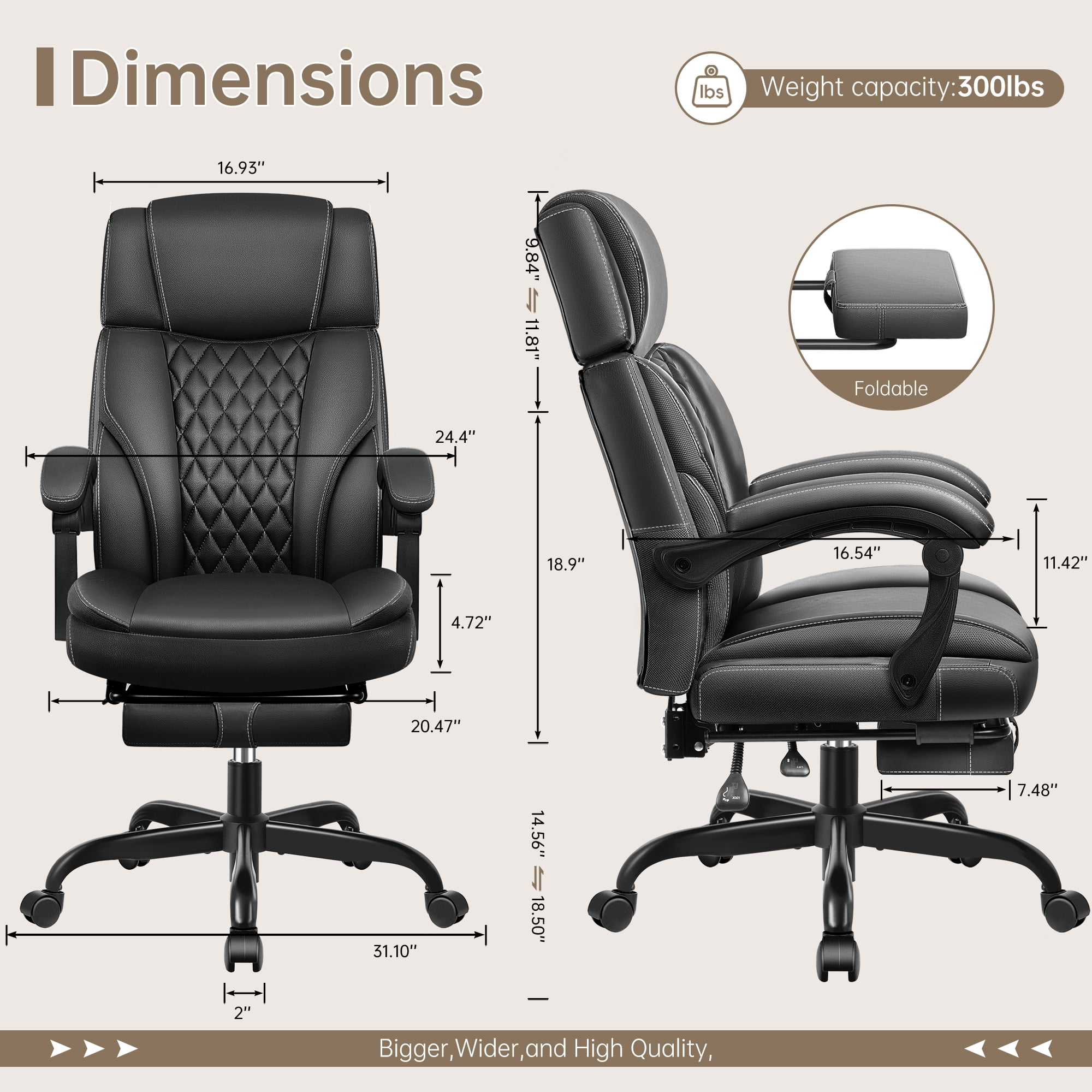 FASTES Big and Tall Ergonomic Office Chair with Footrest - Leather Computer Desk Chair, Reclining High Back Ergonomic Chair with Adjustable Headrest & Lumbar Support, Black