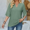 thumbnail image 2 of HAPIMO Women's Trendy Loose Eyelet Tops Dressy Tunic Clearance Summer Tees 3/4 Sleeve for Teen Girls V Neck Pullover Elegant Casual Relaxed Blouses Solid Color Hollow Green XL, 2 of 5