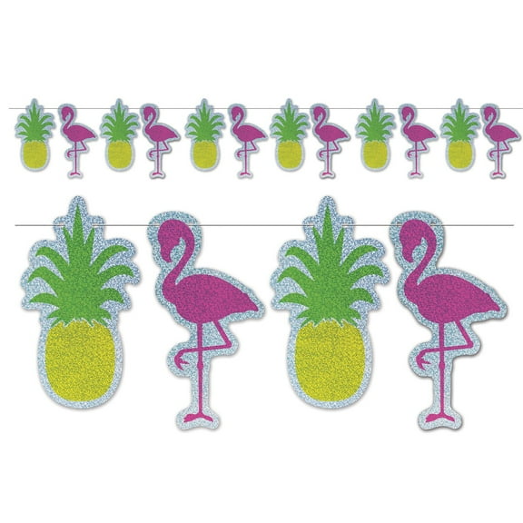 Club Pack of 12 Pink Glitter Flamingo and Pineapple Sparkling Streamers Decors 144"
