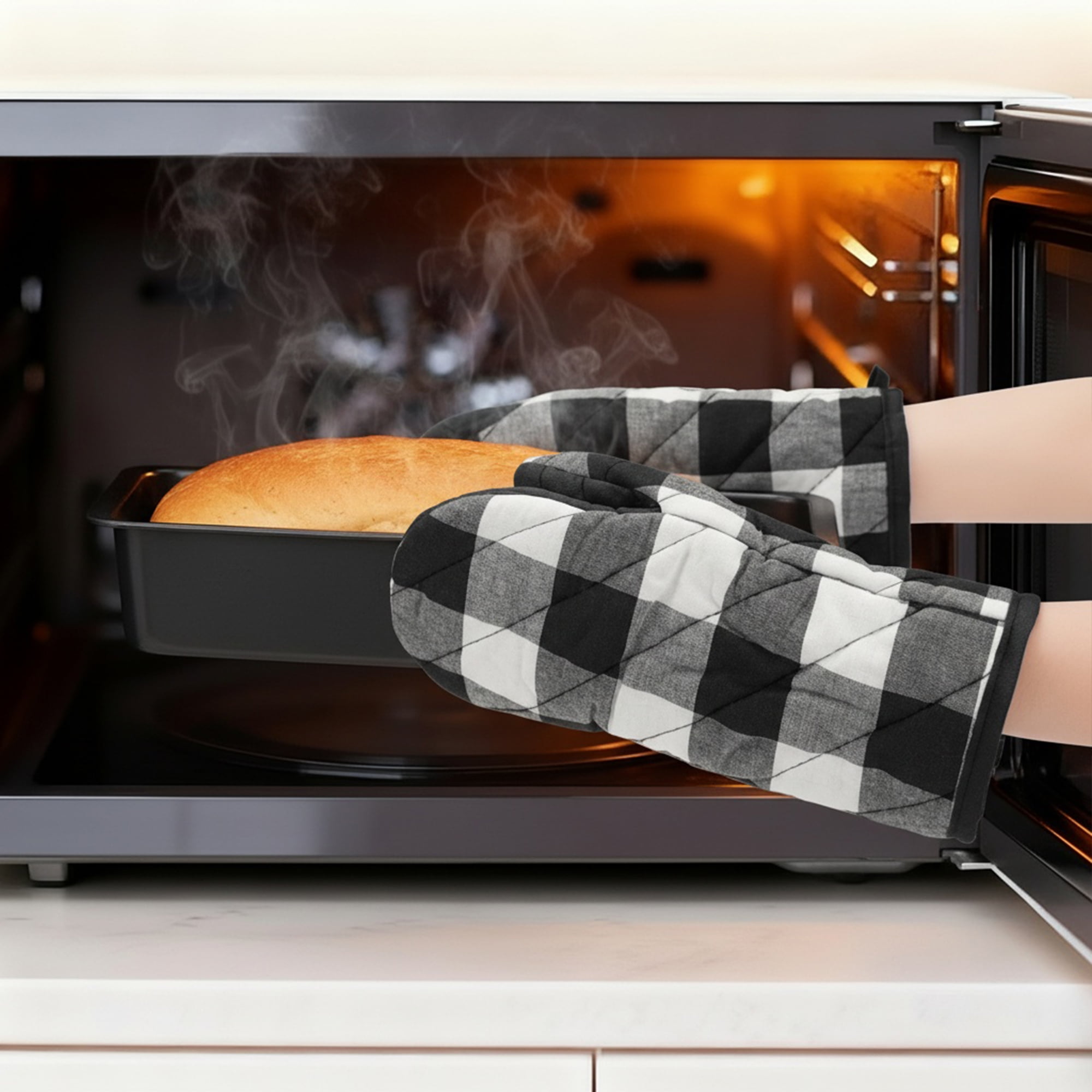 Unique Bargains 2pcs Soft Heat-Resistant Thick Cotton Lining Oven MittsBlack 11.4" x 5.9"
