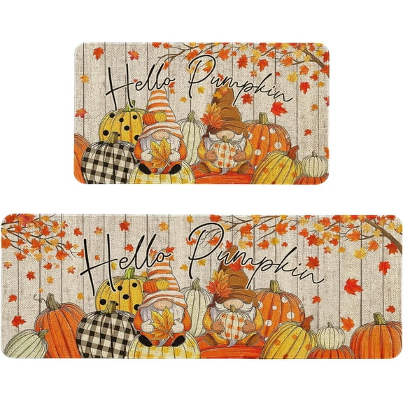 Fall Gnome Kitchen Mats Set of 2 Non Slip Hello Pumpkin Kitchen Rugs Autumn Thanksgiving Home Decor Low-Profile Washable Floor Mat 17x47 Inch and 17x29 Inch