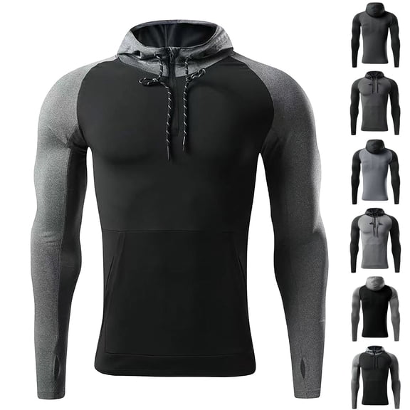 UVEASISHA Workout Hoodies for Men Quarter Zip Long Sleeve Hoodie Shirt Drawstring Color Block Compression Shirts Slim Fit Lightweight Gym Hooded Tops with Thumbhole Dark Gray L
