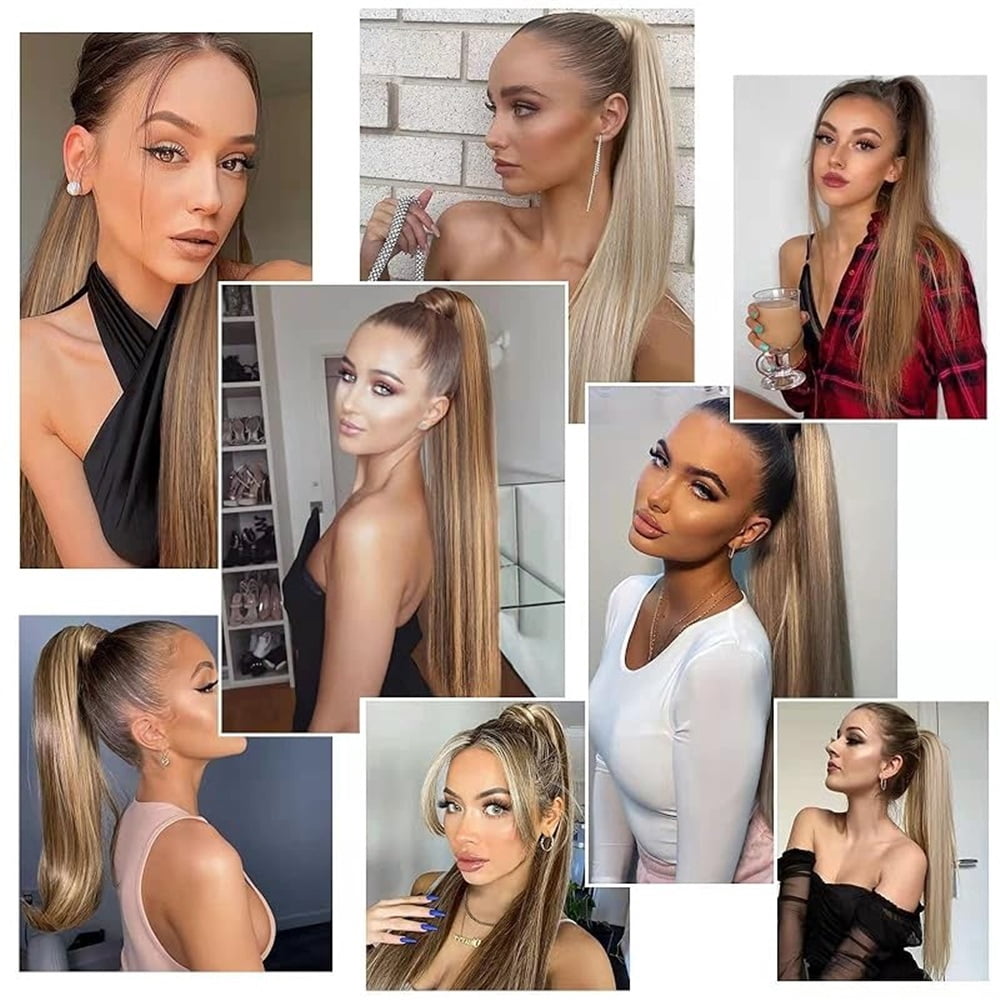 P8/613 Highlights Blonde Ponytail Extension 16-26 Inches Real Human Hair Straight Drawstring Ponytail Hairpiece