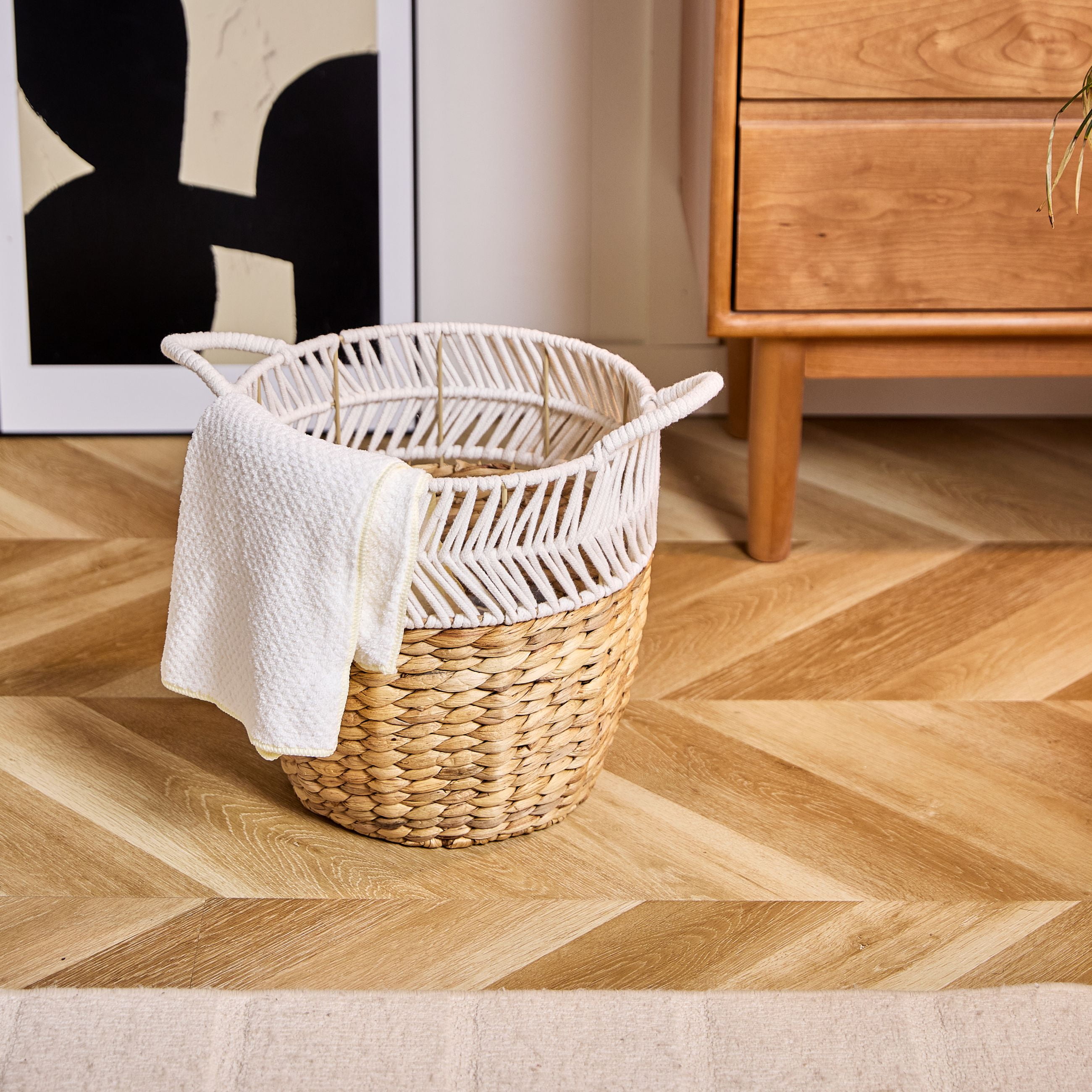 Hometrends Woven Fabric Rope & Water Hyacinth Storage Basket, Small, Handles