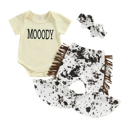 

Girls Cow Print Bell Bottoms Outfits 3M 6M 12M 18M Toddler Girl Short Sleeve Romper Rib Knit Button Bodysuit Flare Pants Clothes