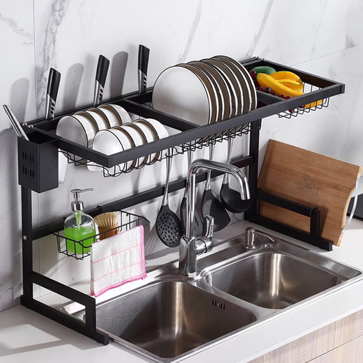 Over The Sink Dish Drying Rack, 2 Tier Stainless Steel Adjustable Large Kitchen Dish Drainer, Space Saver Storage Organizer Shelf Above Counter with ...
