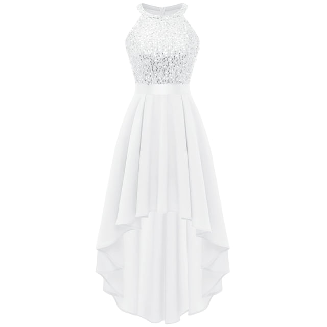 Vestido Dressystar con lentejuelas, halter, cóctel, baile de graduación, Hi-Lo, blanco, XXL