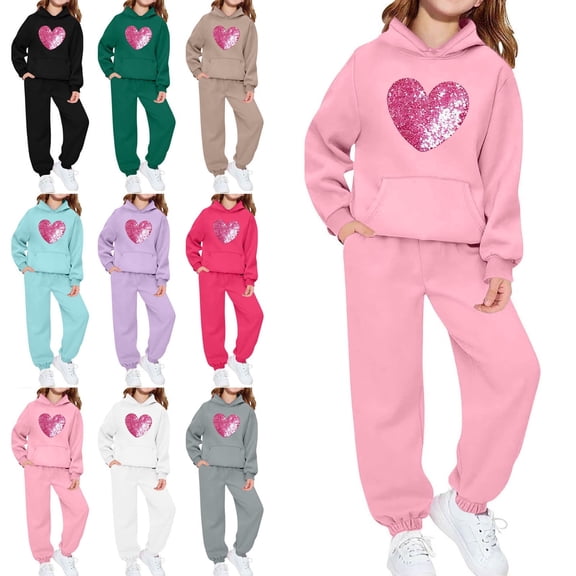 Zefriona Kids Casual Heart Graphic Long Sleeve Hoodie and Cuffed Tracksuit Pants Set 2-13Y Khaki Size 12