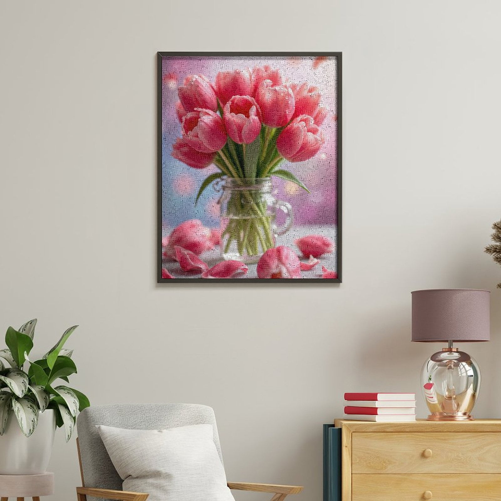 Paint By Numbers Kit for Adults Beginner - Pink Tulips In Glass Jar Decor DIY Canvas Painting Kits for Adults, Frameless Paint By Number for Adults for Home Wall Decor 16x20 Inch