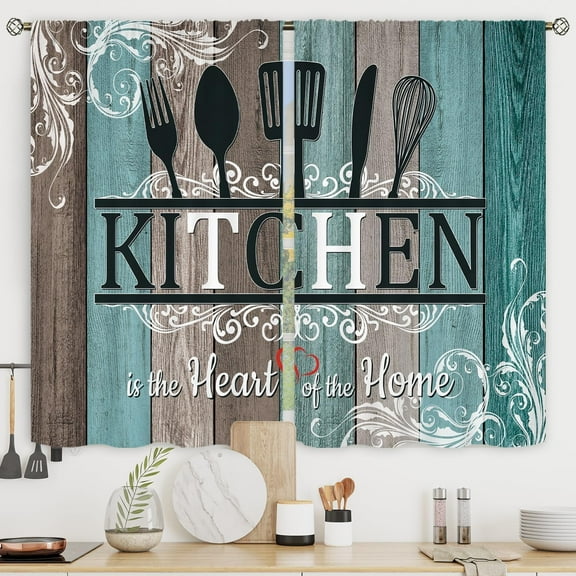 Teal Rustic Farmhouse Country Kitchen Curtains Short Small Wooden Wood Board Turquoise Rod Pocket Fork Spoon Kitchenware Bedroom Living Room Treatment Fabric 2 Panels 27.5Wx39H Inch