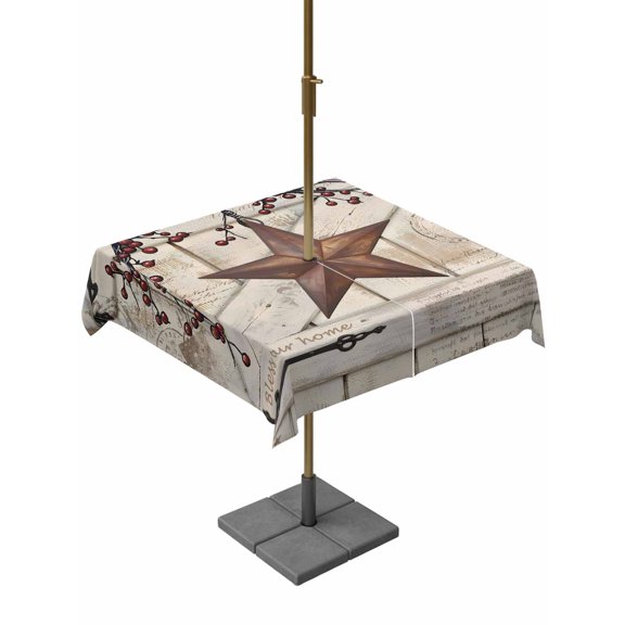 Outdoor Tablecloth with Umbrella Hole and Zipper, Texas Star Vintage Square Table Cloth 60x60 Inch Waterproof Tablecloth, Brown Retro Berry Beige Wooden Picnic Table Cover for Patio Camping