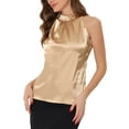 thumbnail image 4 of INSPIRE CHIC Women's Elegant Summer Pleated Mock Neck Tops Sleeveless Halter Tank Satin Blouse S Champagne Gold, 4 of 6