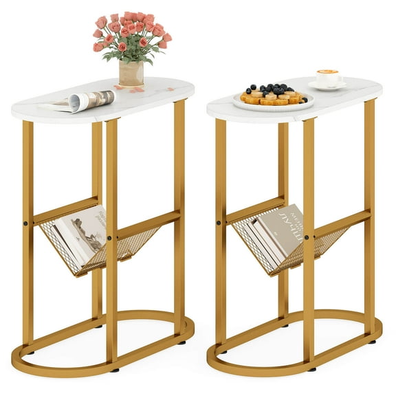 Costway 2 PCS End Table with Faux Marble Tabletop & Magazine Holder Heavy-duty Metal Frame White