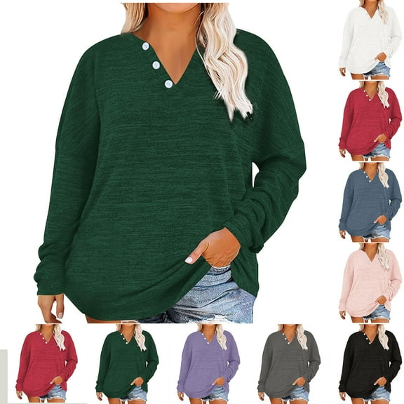 ATOYSOY Women's Long Sleeve Tees Fall Winter Plus Size Basic Tops Solid Color Pullover Workout Fashion V Neck Button Sweatshirts Outwear Casual Cotton Shirts Black XXL