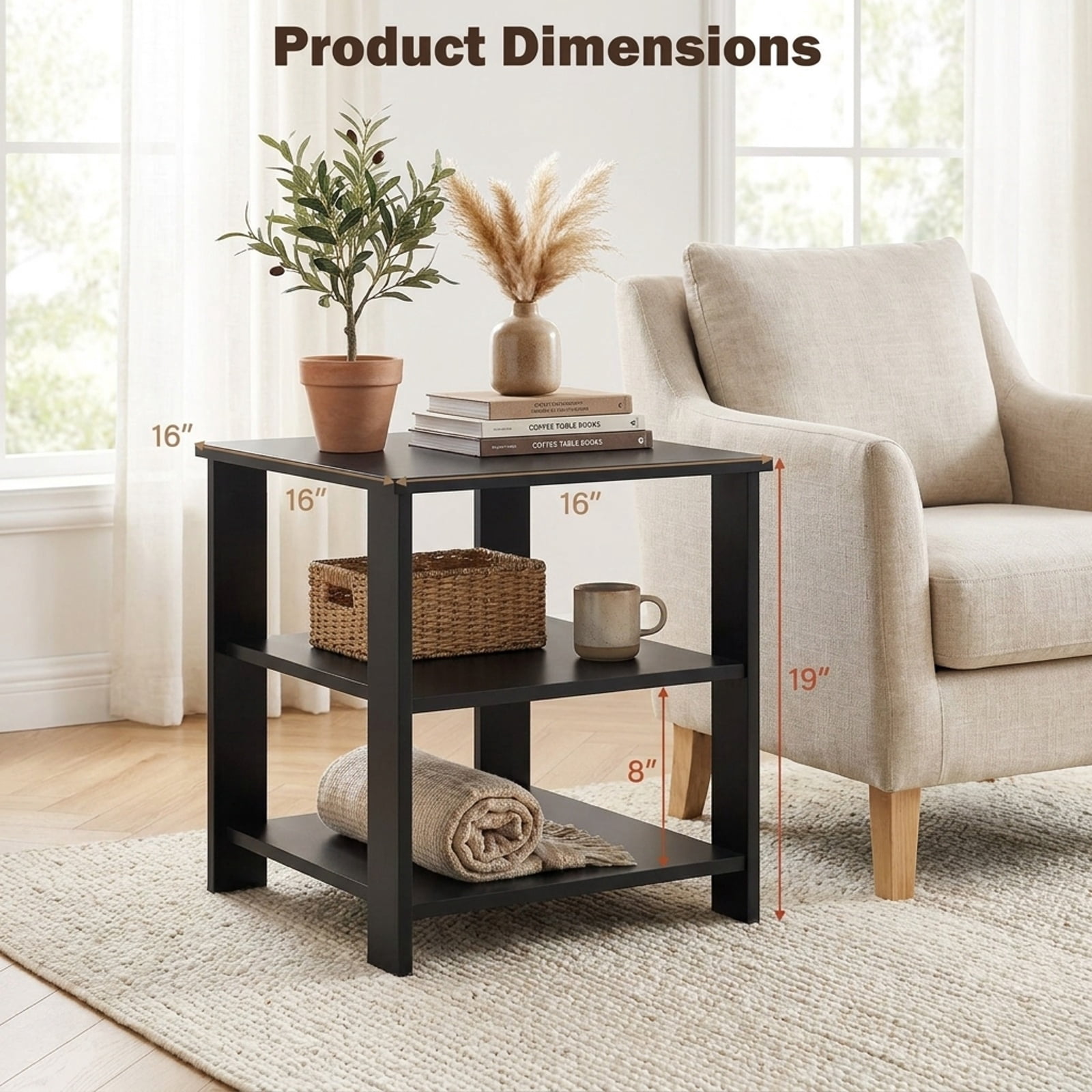 Furnibear 3 Tier Square Nightstands Set of 2 with Open Storage Shelves Bedside Side Tables for Bedroom Living Room, Black