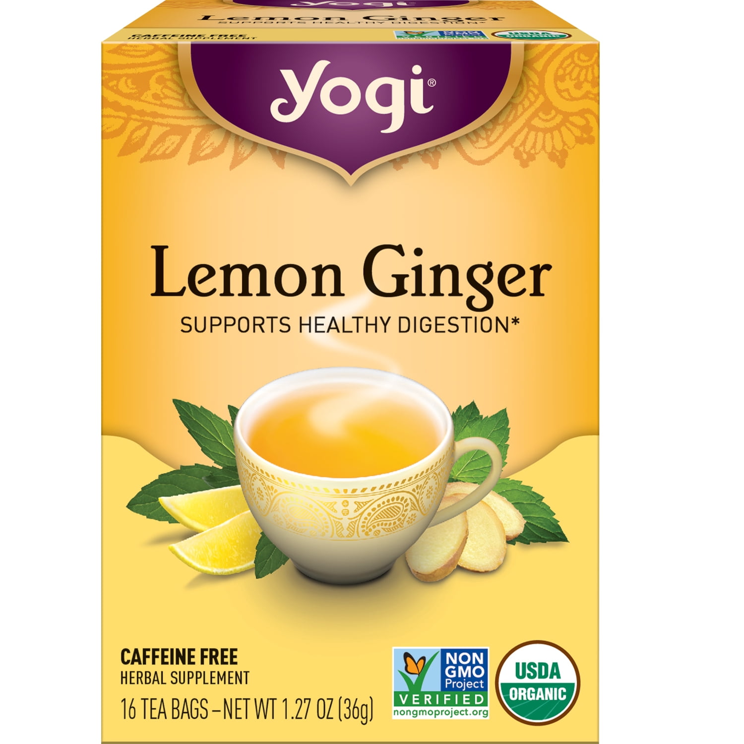Yogi Tea Lemon Ginger, Caffeine-Free Organic Herbal Tea, Wellness Tea Bags, 16 Count