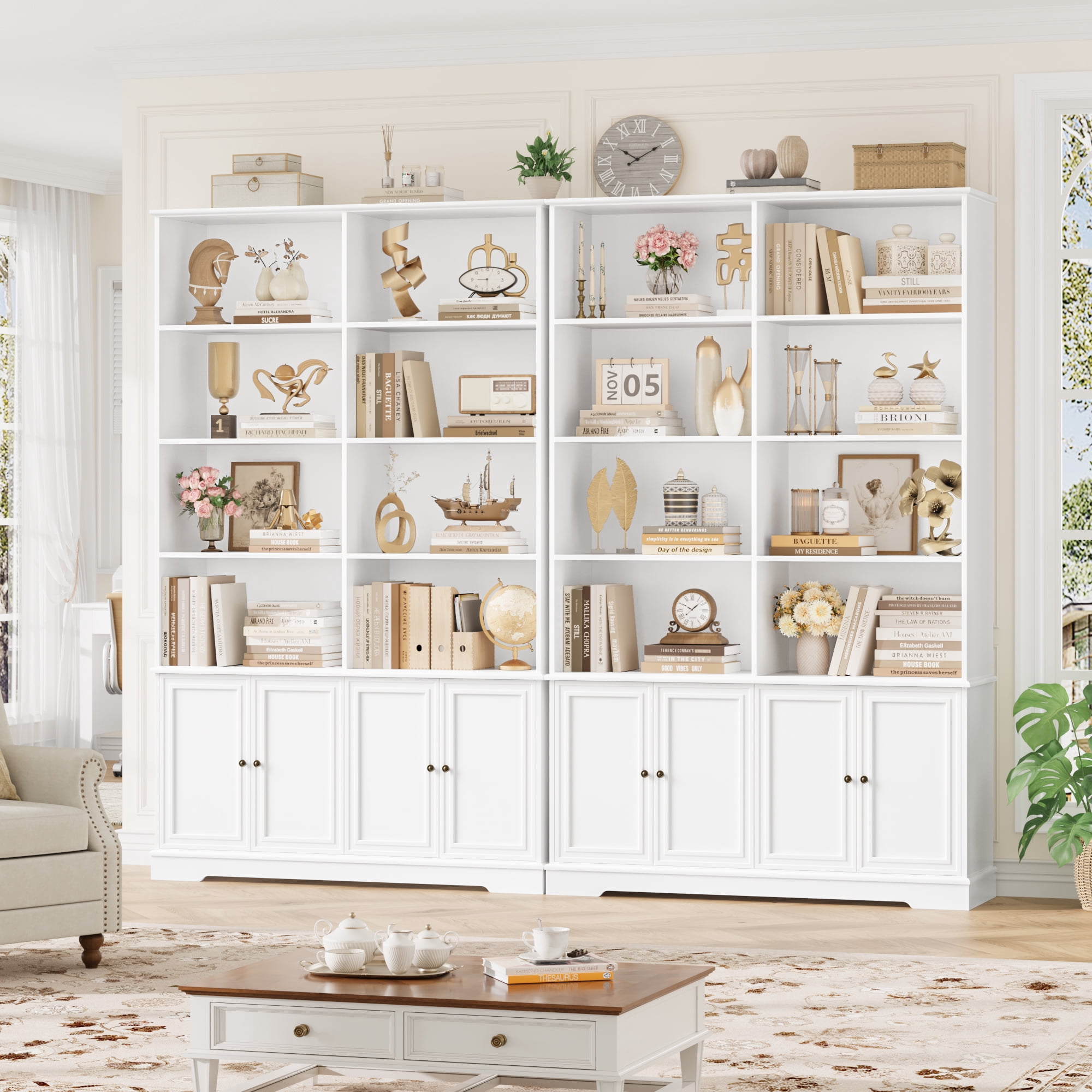 Homfa 73'' Tall Bookcase, 6-Tier 8 Cubes Display Bookshelf, 4 Doors Double Row Bookcase for Living Room Home Office, White
