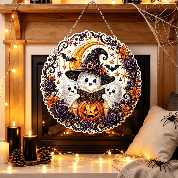 Halloween Diamond Art Hanging Kit for Adults, DIY Acrylic Diamonds Craft Hanging Ornament Board Kit, DIY Rhinestones Diamond Art Window Door Hanging Pendant Halloween Decor Ghost