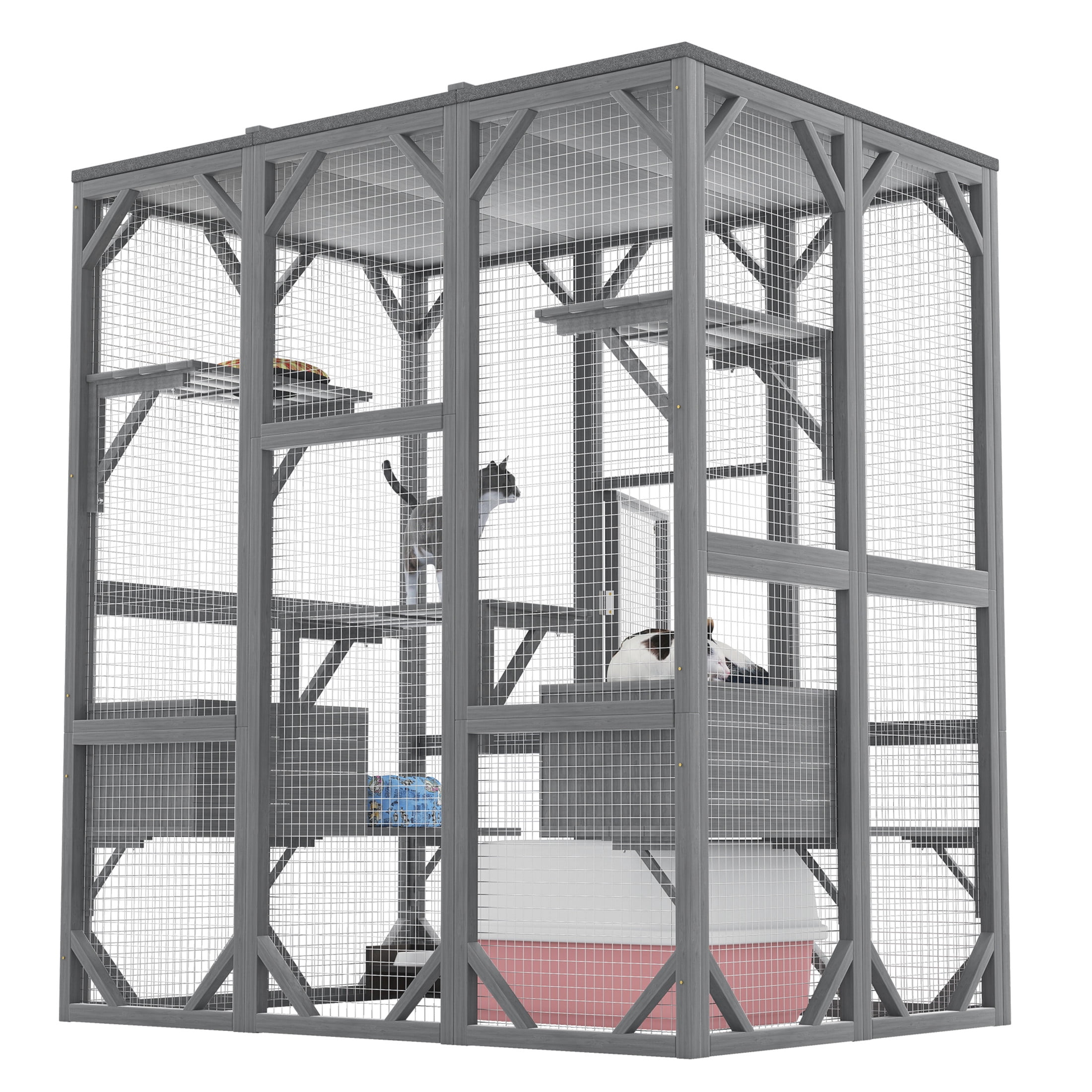 Noble House Large Outdoor Cat Enclosure, Wood Cat House with 6 Platforms & Lockable Doors for Patio Garden, Gray