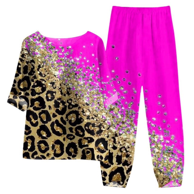 Mikilon Ensemble Élégant pour Femmes 2 Pcs Coton Lin Imprimé Manches Cinq-Quarts Col Rond + Pantalon Décontracté Rose Vif L