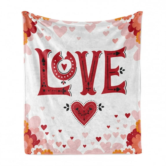 Vintage Valentine Soft Flannel Fleece Throw Blanket, Love Typography with Pastel Hearts and Flowers, Cozy Plush for Indoor and Outdoor Use, 70" x 90", Multicolor, by Ambesonne