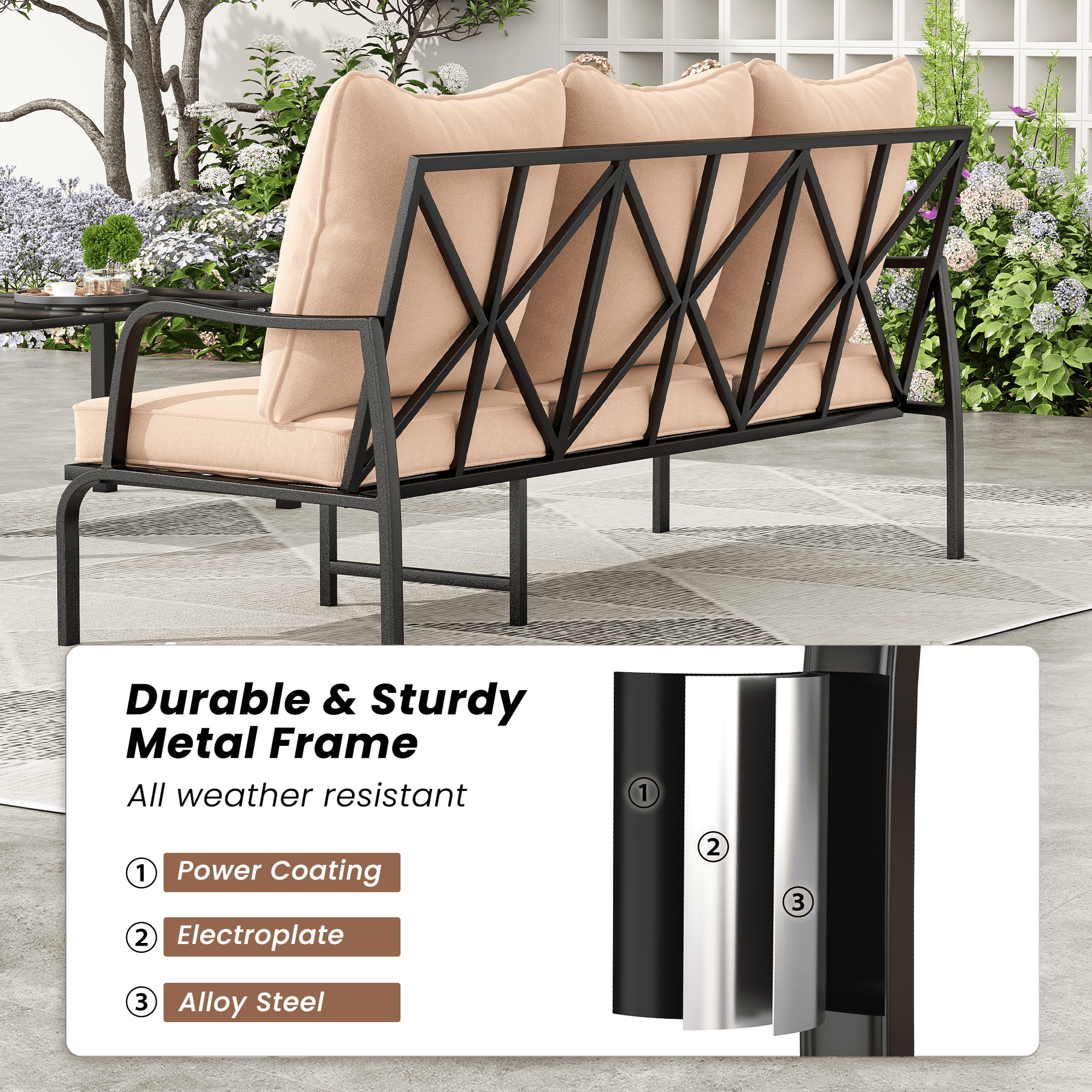 MAYEERTY 4-Piece Metal Frame Outdoor Patio Set with Swivel Chairs, Three-Seater Sofa, and Coffee Table