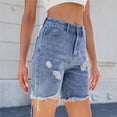 thumbnail image 4 of Pantalones cortos de mezclilla rasgados for mujer, pantalones cortos de verano de talle alto informales desgastados con pantalones cortos dobles pantalones vaqueros con dobladillo crudo deshilachados, 4 of 7