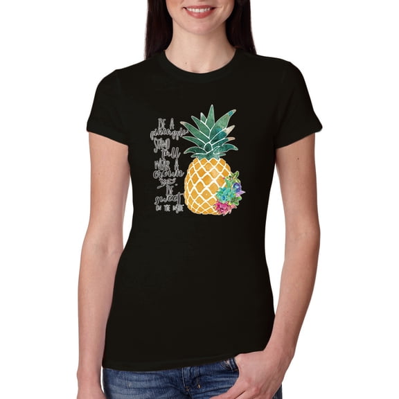 Pineapple Stand Tall Wear Crown And Stay Sweet Inside Arty Inspirational Pop Culture Womens Slim Fit Junior Tee, Black, Small