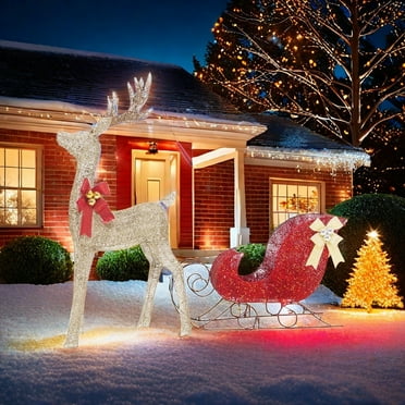 MIDOQIN Reindeer and Sleigh Christmas Decoration with 160 LED Lights, Outdoor Yard Christmas Deer Decorations for Patio Lawn Garden Party