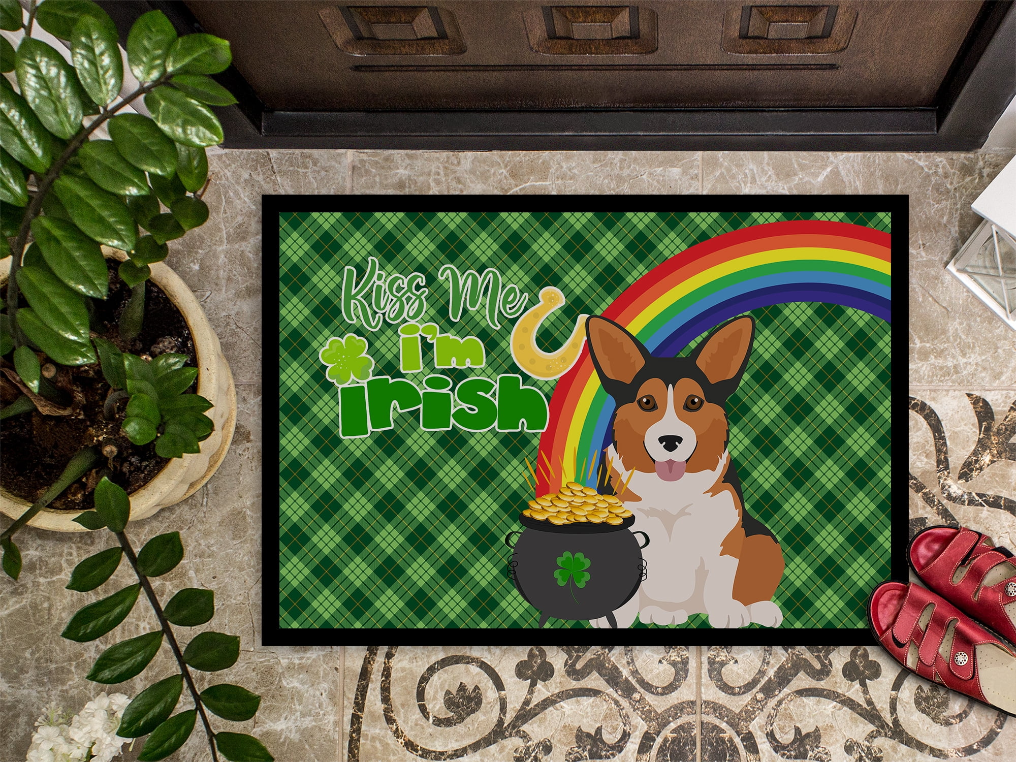 Sable Pembroke Corgi St. Patrick's Day Indoor or Outdoor Mat 24x36 36 in x 24 in