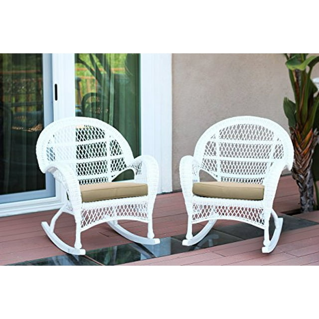 Jeco Wicker Rocker Chair with Tan Cushion, Set of 2, White