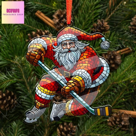 TiniDecor Hockey Santa Ornament 2025, Stained Glass Style Acrylic, Funny Christmas Tree Hanging